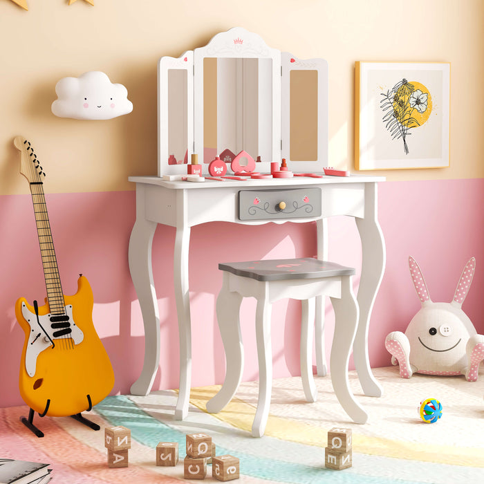 Kids Vanity Table and Stool with Detachable Tri-Fold Mirror and Cute Accessories-