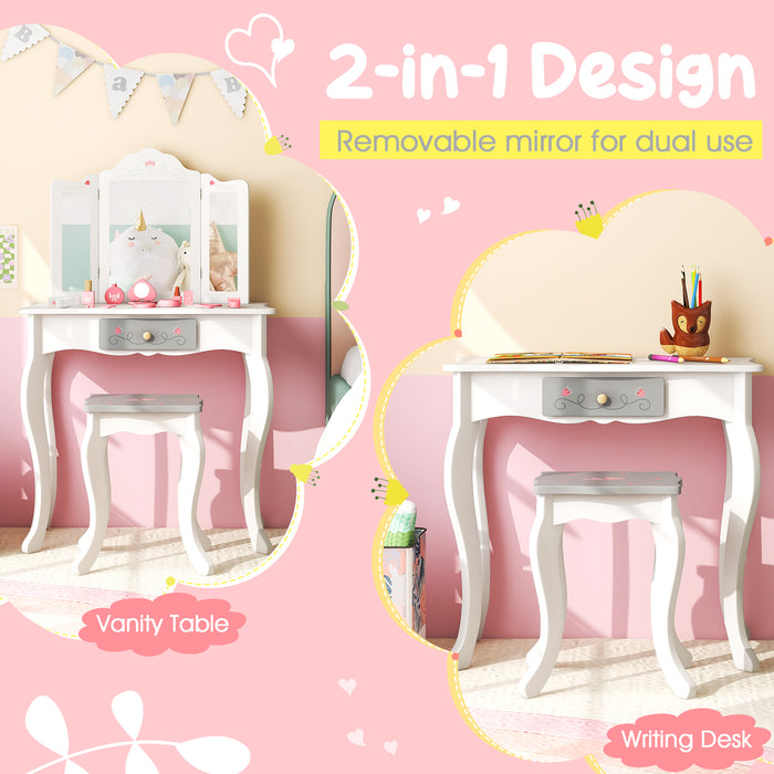 Kids Vanity Table and Stool with Detachable Tri-Fold Mirror and Cute Accessories-