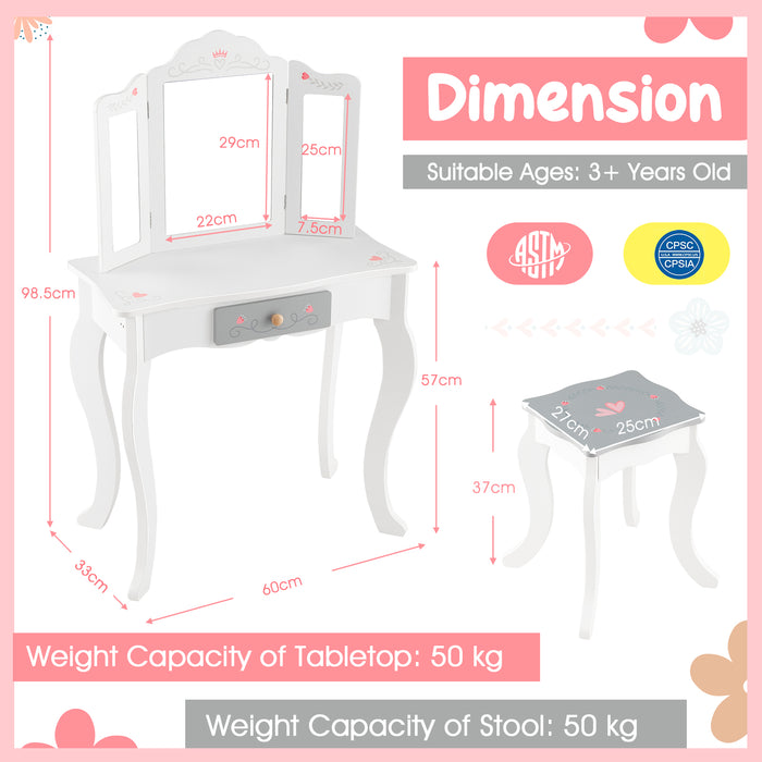 Kids Vanity Table and Stool with Detachable Tri-Fold Mirror and Cute Accessories-