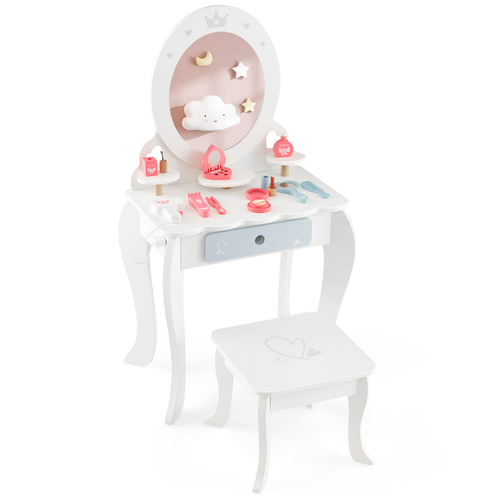 Kids Vanity Table and Stool with Mirror and 3 Shelves-