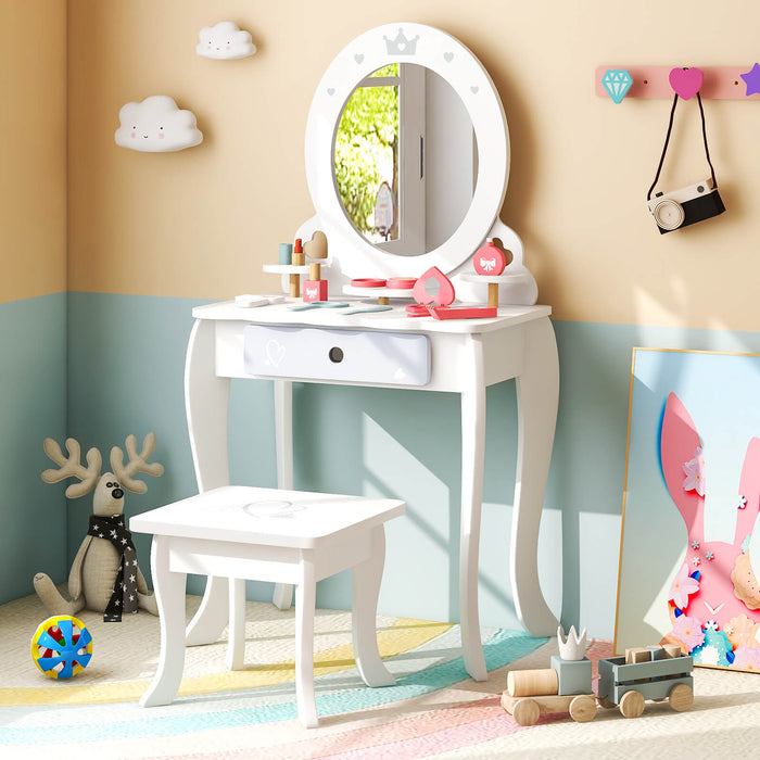 Kids Vanity Table and Stool with Mirror and 3 Shelves-