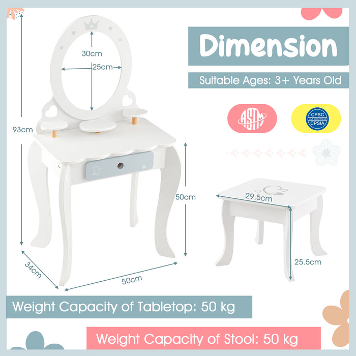 Kids Vanity Table and Stool with Mirror and 3 Shelves-