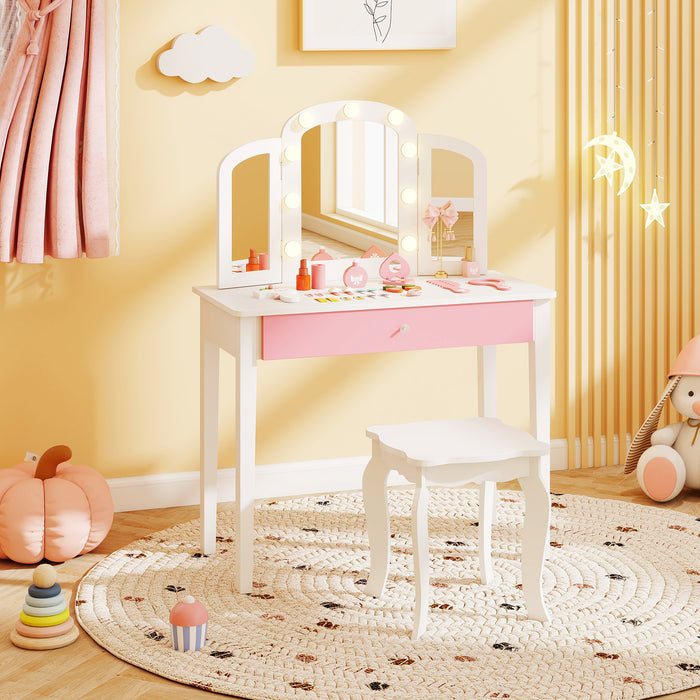 Kids Vanity Table with Mirror and Lights Princess Makeup Vanity Desk-Pink