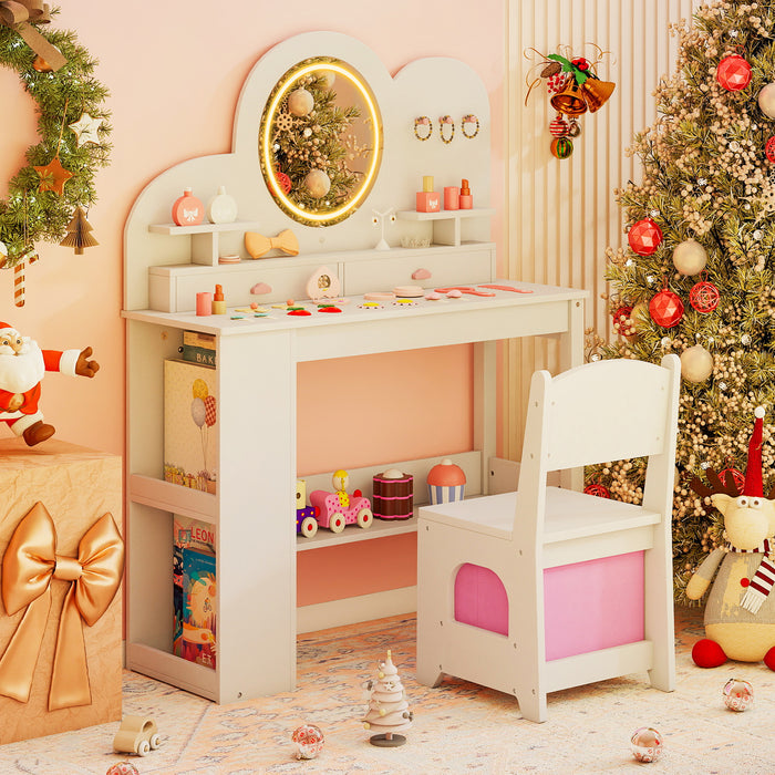 Kids Vanity with Lights Princess Vanity Table and Chair Set with 2 Drawers-Pink
