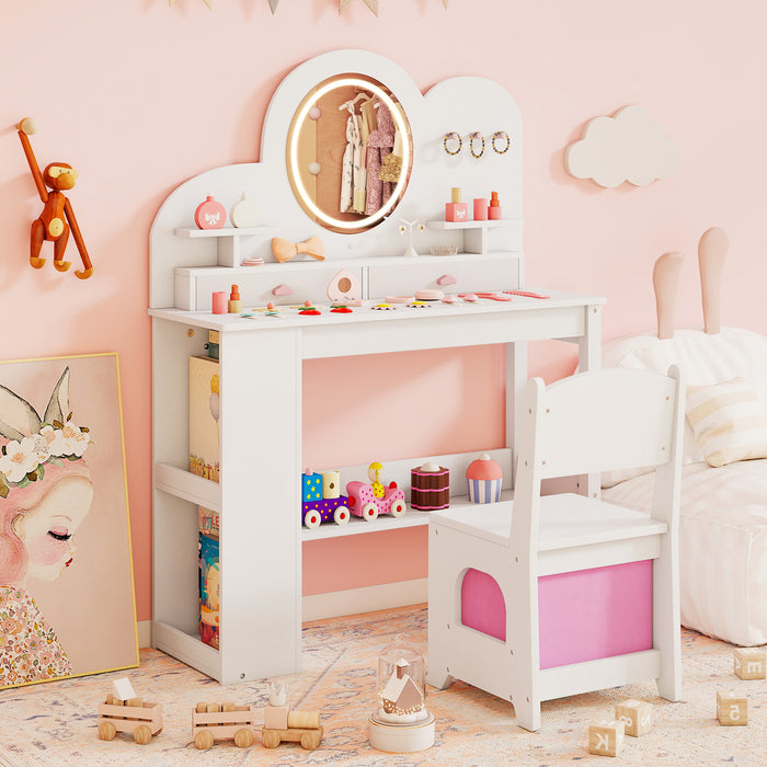 Kids Vanity with Lights Princess Vanity Table and Chair Set with 2 Drawers-Pink