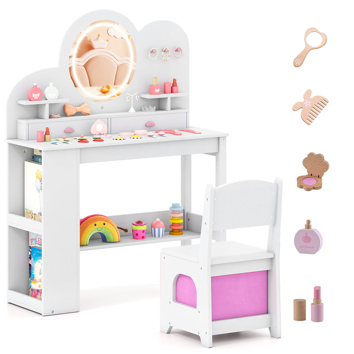 Kids Vanity with Lights Princess Vanity Table and Chair Set with 2 Drawers-Pink