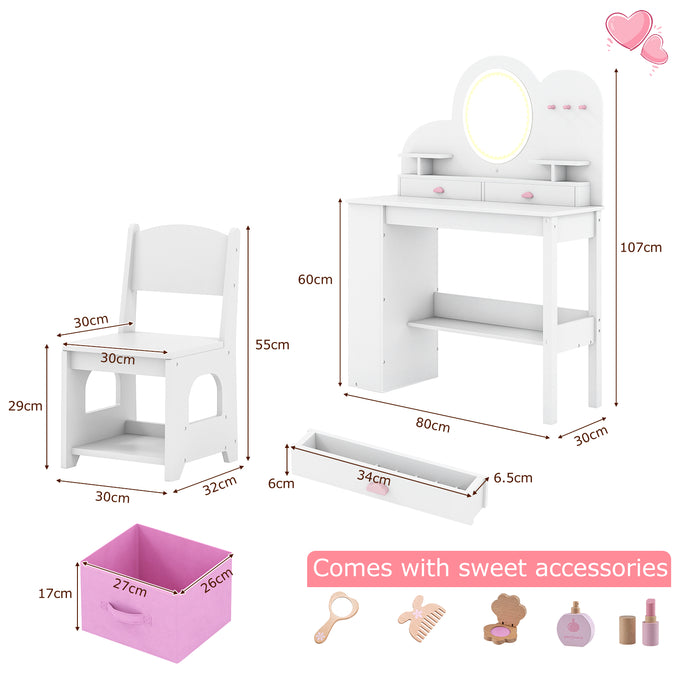 Kids Vanity with Lights Princess Vanity Table and Chair Set with 2 Drawers-Pink