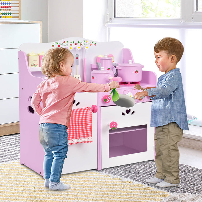 Kids Wooden Kitchen Playset with Oven and 13-