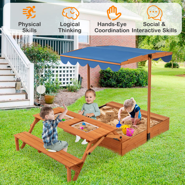 Kids Wooden Sand Box with Lid Cover and Bench-