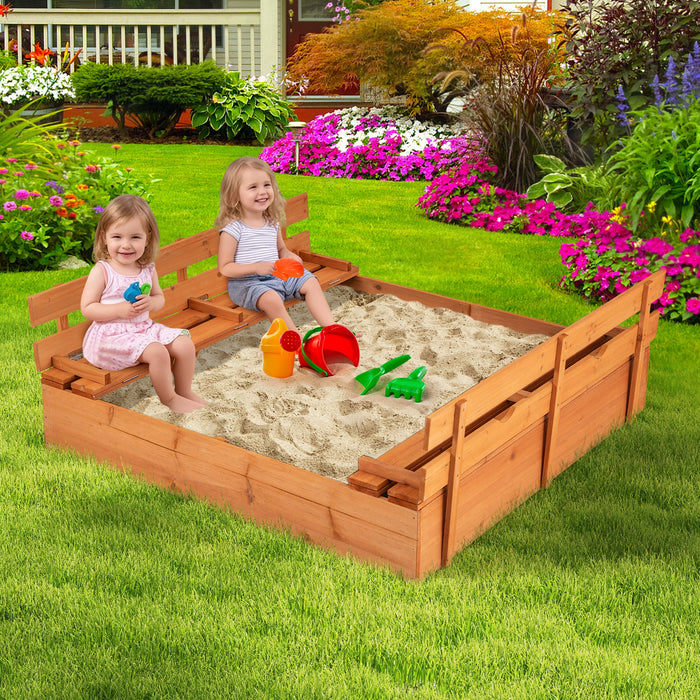 Kids Wooden Sandbox with Cover and Foldable Bench Seats-