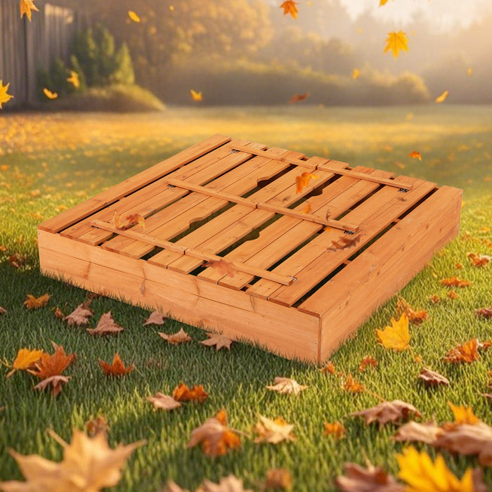 Kids Wooden Sandbox with Cover and Foldable Bench Seats-