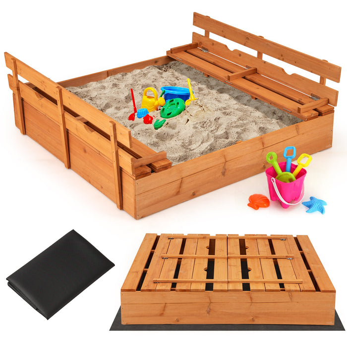 Kids Wooden Sandbox with Cover and Foldable Bench Seats-