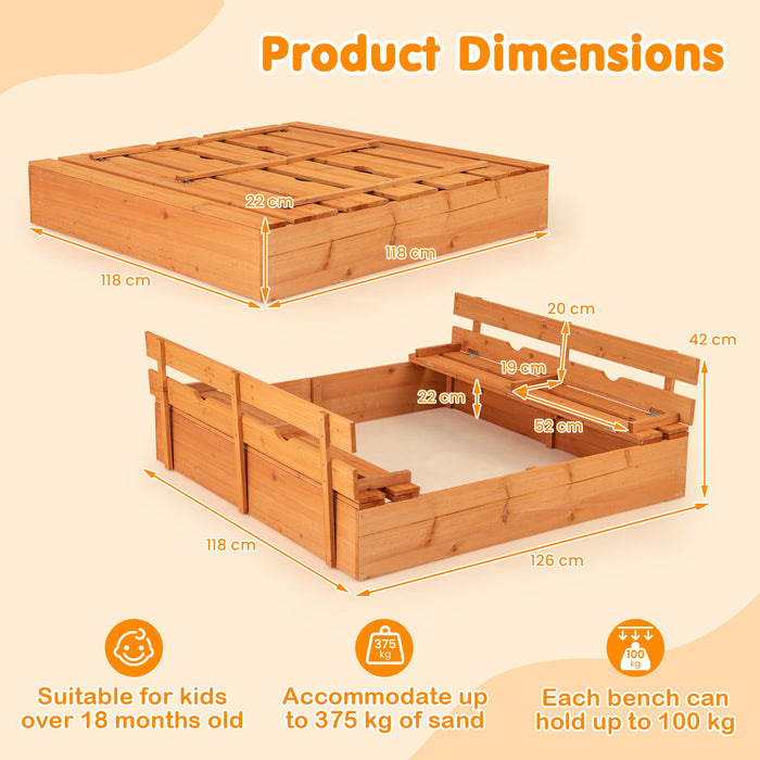 Kids Wooden Sandbox with Cover and Foldable Bench Seats-