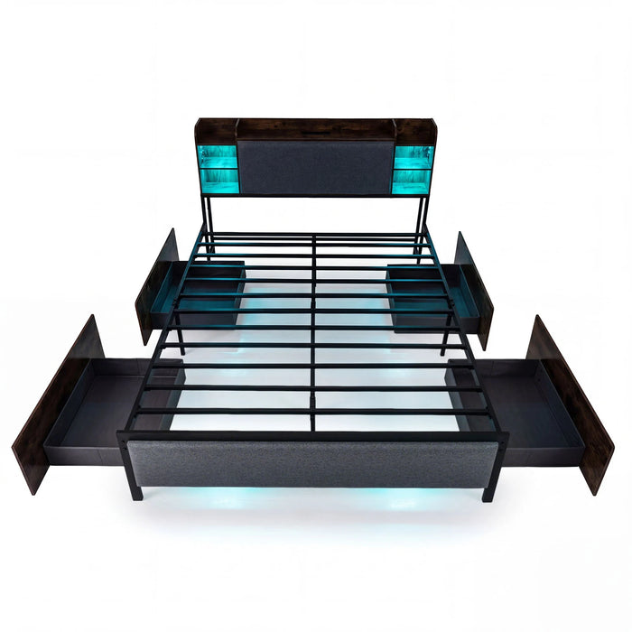 King Size Bed Frame with LED Lights and Charging Station Industrial Upholstered Platform Bed-Rustic Brown