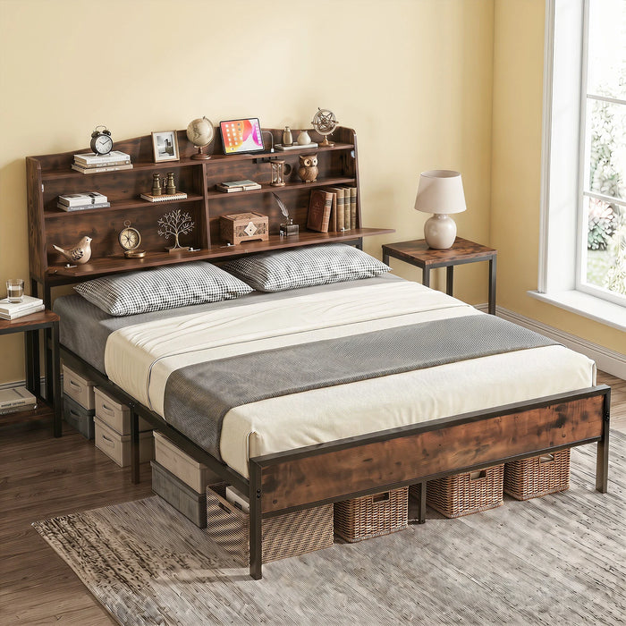 King Size Industrial Metal Platform Bed Frame with Charging Station and Storage Headboard-King Size