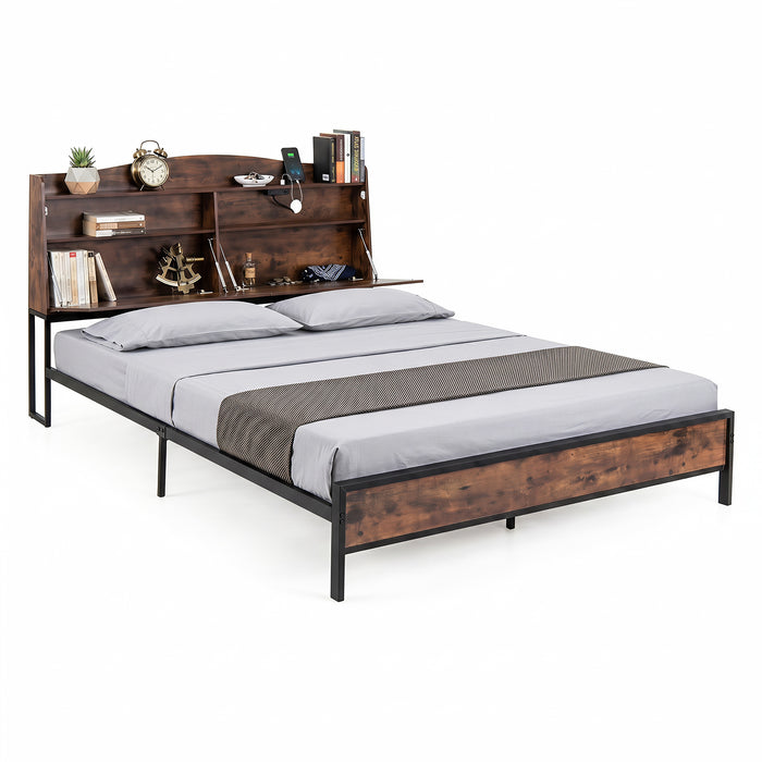 King Size Industrial Metal Platform Bed Frame with Charging Station and Storage Headboard-King Size
