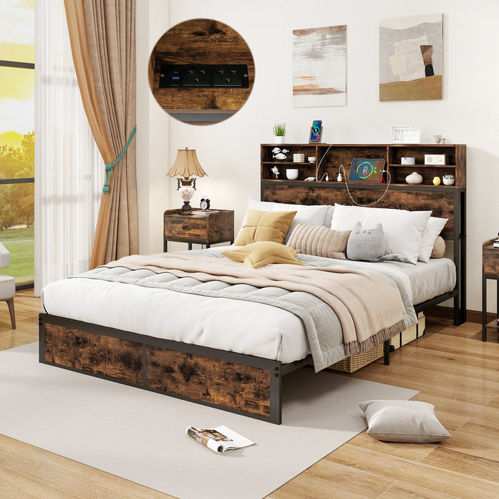 King Size Bed Frame with Charging Station and Storage Headboard-King Size
