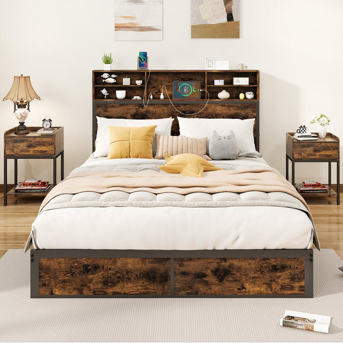 King Size Bed Frame with Charging Station and Storage Headboard-King Size