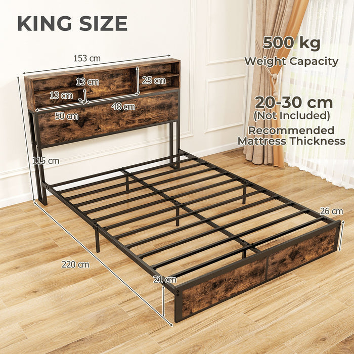 King Size Bed Frame with Charging Station and Storage Headboard-King Size