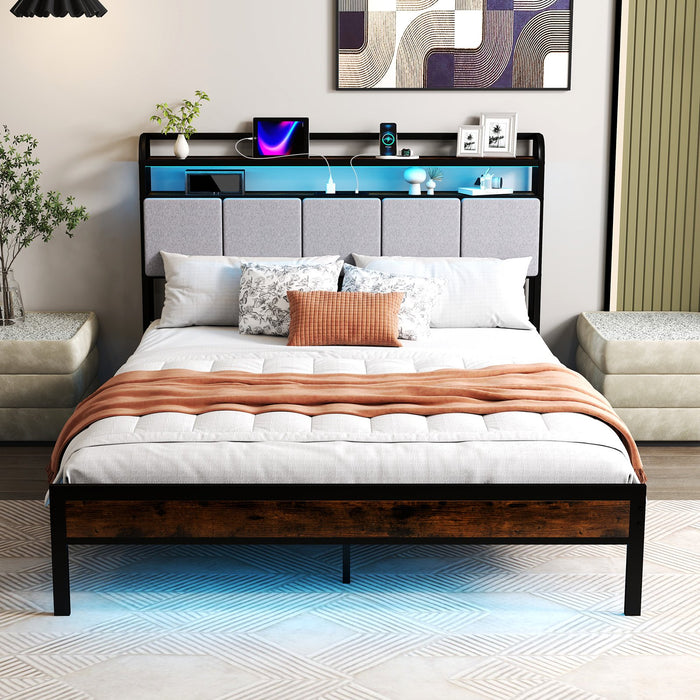King Size Bed Frame with LED Light and Charging Station-King Size