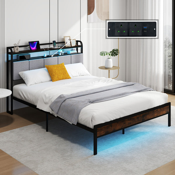 King Size Bed Frame with LED Light and Charging Station-King Size