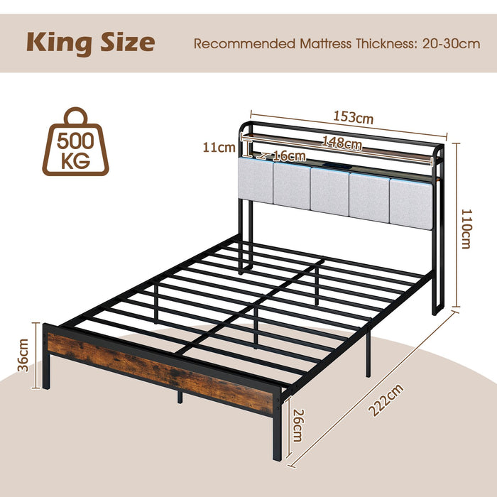 King Size Bed Frame with LED Light and Charging Station-King Size