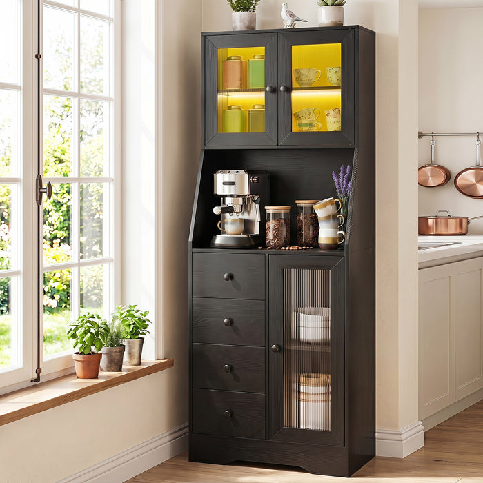 Kitchen Pantry Cabinet with Adjustable LED Lights and Doors-White