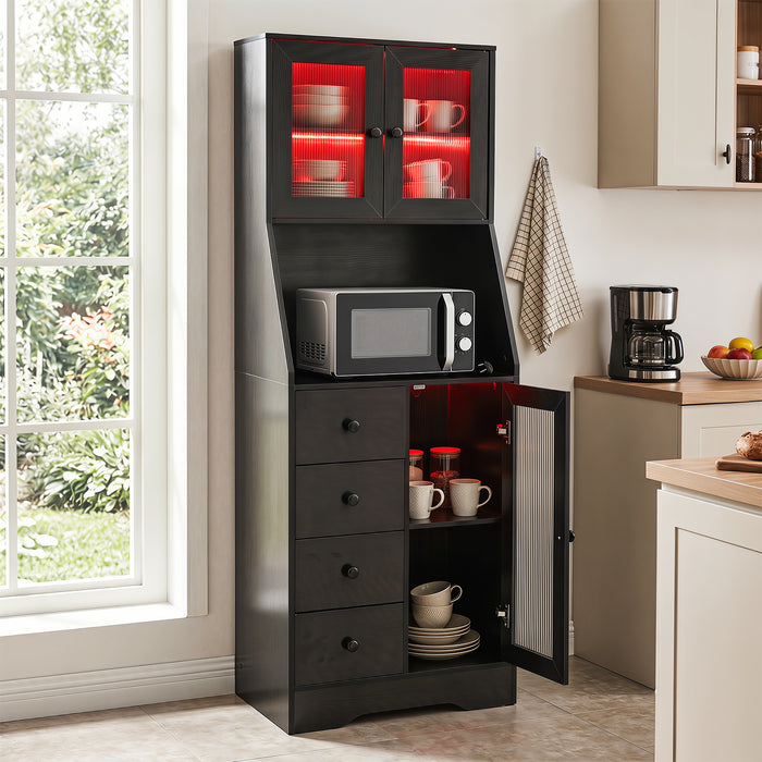 Kitchen Pantry Cabinet with Adjustable LED Lights and Doors-White