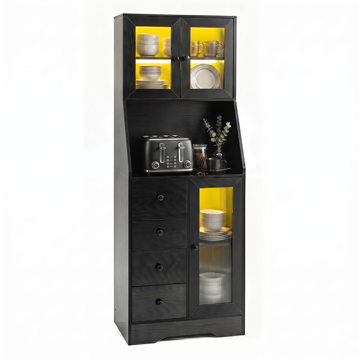 Kitchen Pantry Cabinet with Adjustable LED Lights and Doors-White