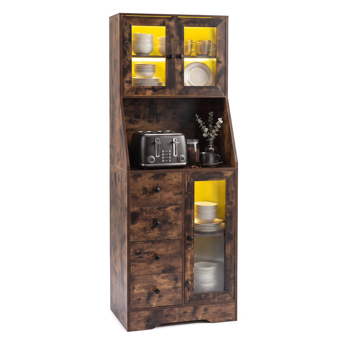 Kitchen Pantry Cabinet with Adjustable LED Lights and Doors-White