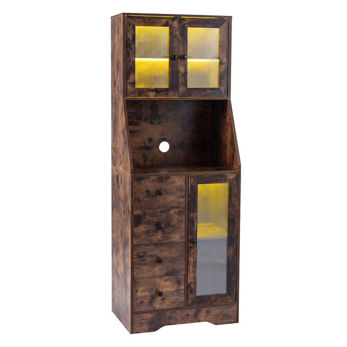 Kitchen Pantry Cabinet with Adjustable LED Lights and Doors-White