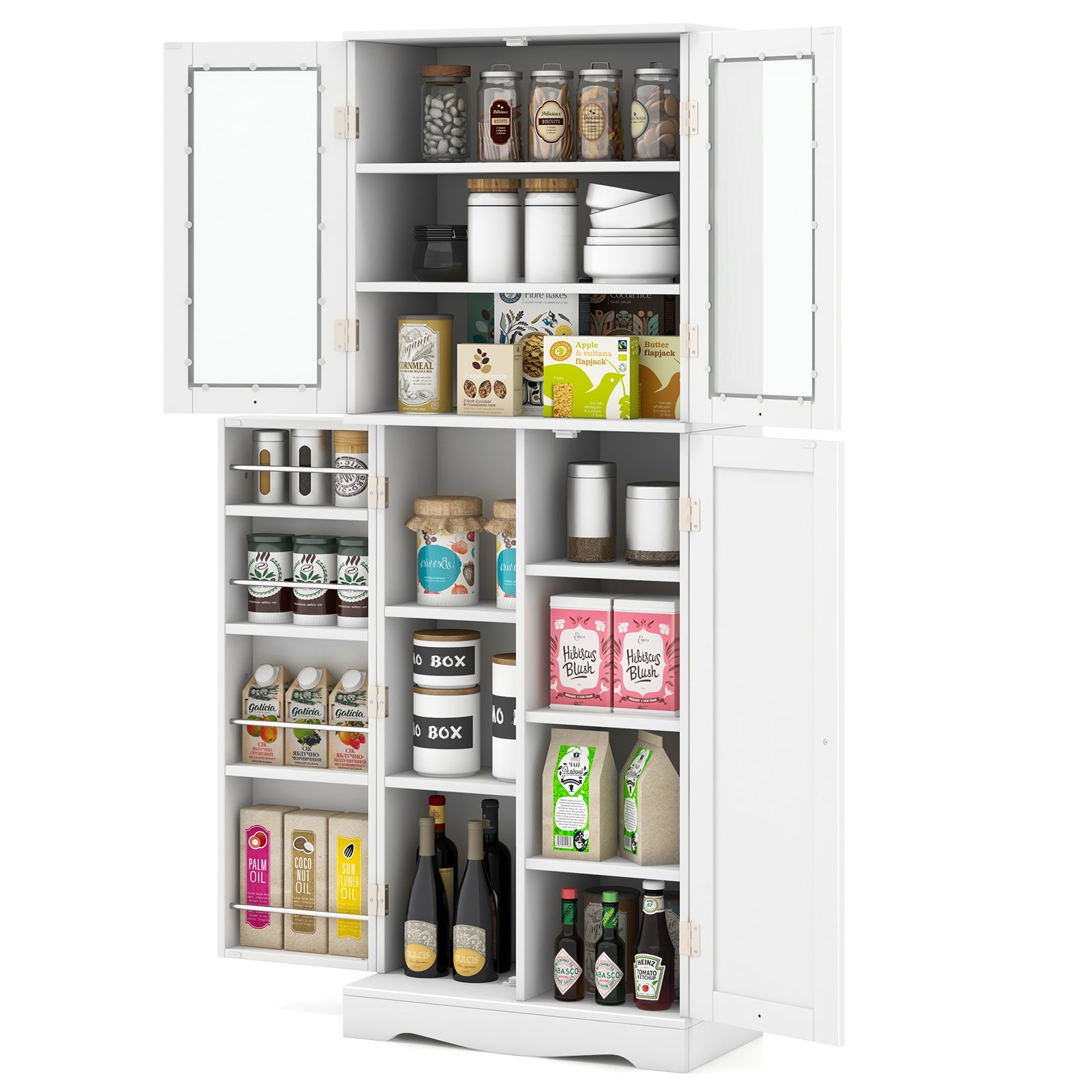 Kitchen Pantry Storage Cabinet with Glass Doors and Storage Shelves-White