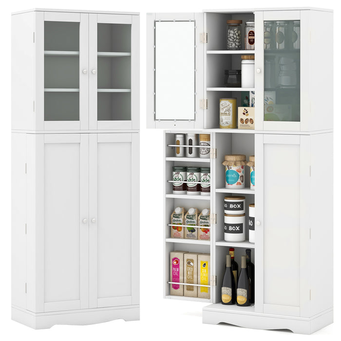 Kitchen Pantry Storage Cabinet with Glass Doors and Storage Shelves-White