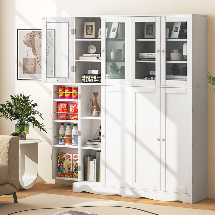 Kitchen Pantry Storage Cabinet with Glass Doors and Storage Shelves-White