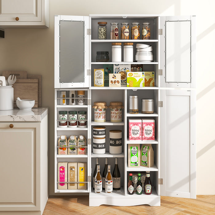 Kitchen Pantry Storage Cabinet with Glass Doors and Storage Shelves-White