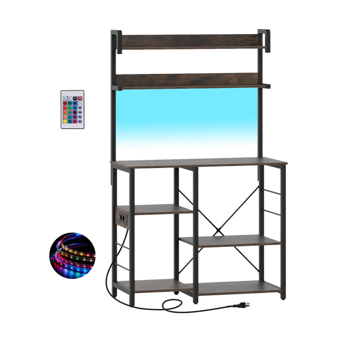 Kitchen Bakers Rack with Power Outlet 5-Tier Microwave Oven Stand with LED Lights-Rustic Brown