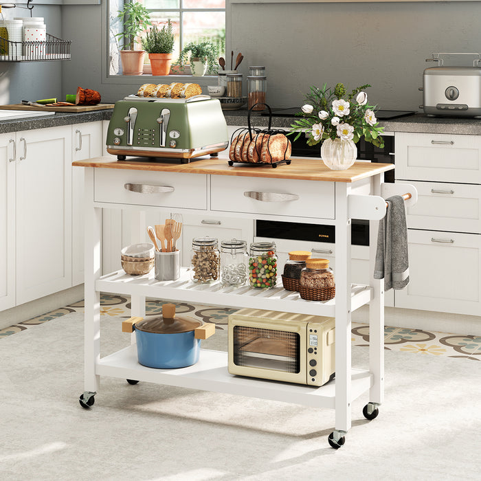 Kitchen Island with Storage 3-Tier Rolling Utility Cart with Wood Countertop-Natural