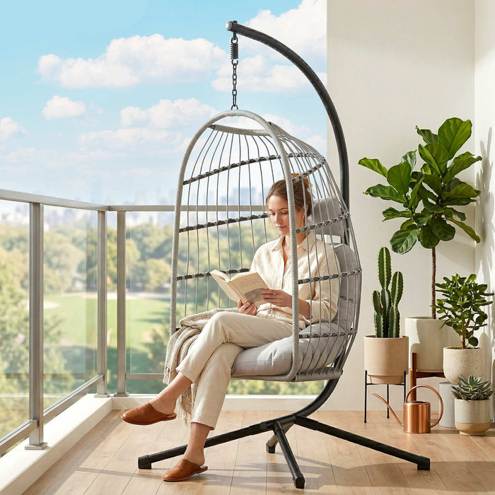 Outsunny Hanging Egg Chair, Indoor Outdoor Hammock Swing Chair with Stand, Safety Strap, Foldable Basket, Light Grey