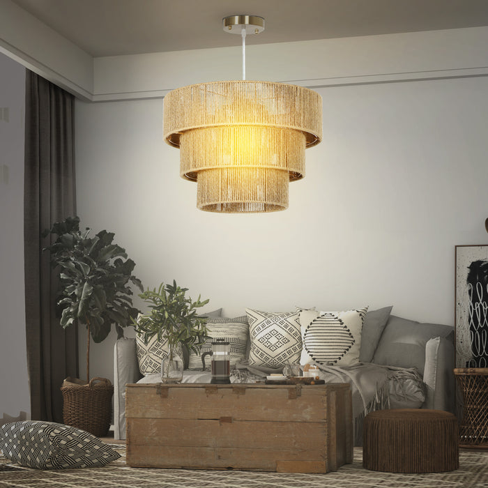 HOMCOM Hemp Rope Pendant Light, 3-Layer Boho Ceiling Light Shade, E14 Vintage Lampshade for Living Room, Bedroom, Kitchen, Hallway, Light Brown