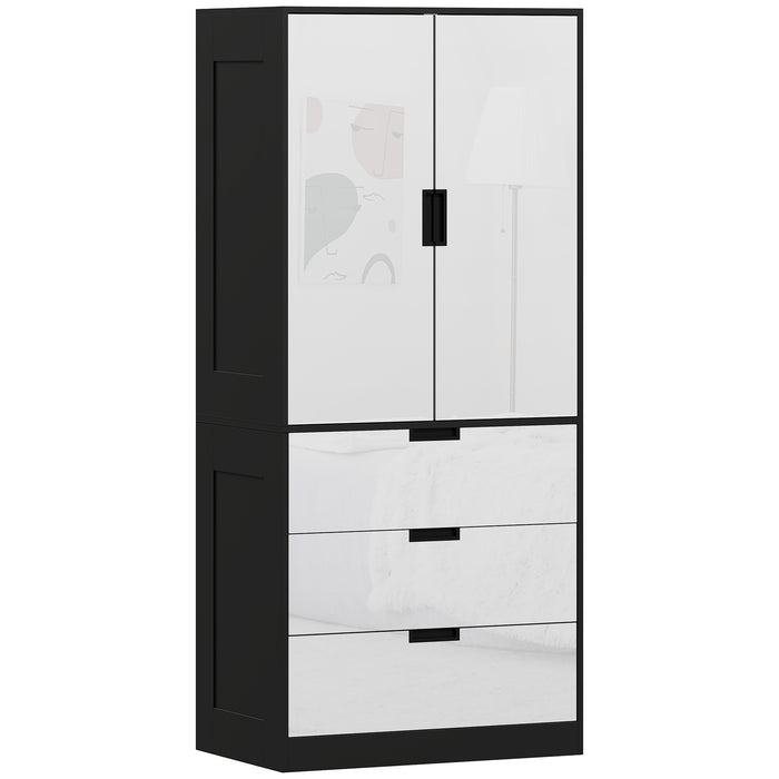 HOMCOM 2 Door Wardrobe, Modern Wardrobe with 3 Drawers and Hanging Rod for Bedroom, High Gloss White