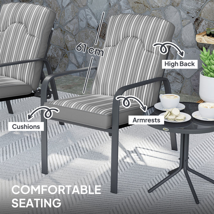 Outsunny 3-Piece Patio Bistro Set, 5-Position Adjustable Recliner Garden Chairs and Tempered Glass Table, Garden Furniture Set with Cushions, High Back, Armrests, Metal Frame for Balcony Patio, Grey
