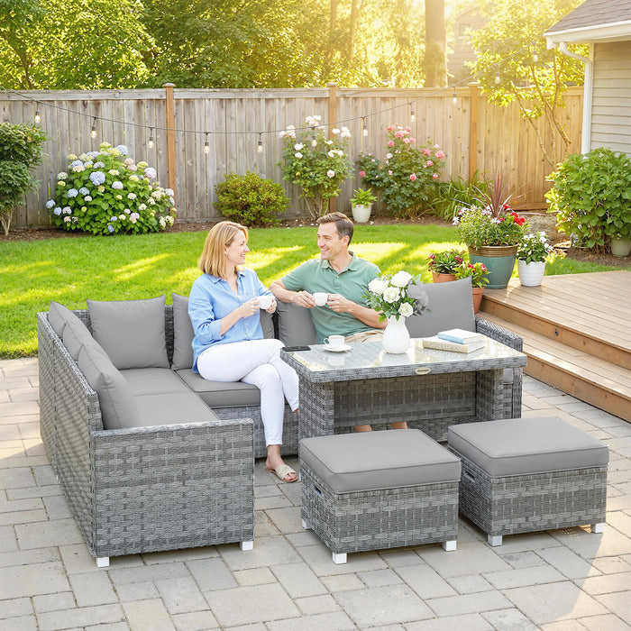 Outsunny 6 Seater Rattan Garden Furniture Set with 3 Sofas, 2 Footstools, Table, Patio Rattan Furniture Sofa Sets, Grey