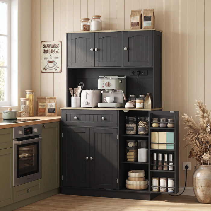 HOMCOM 173 cm Tall Kitchen Cupboard with Charging Station, Pantry Storage Cabinet with Adjustable Shelves and 4 Door Racks