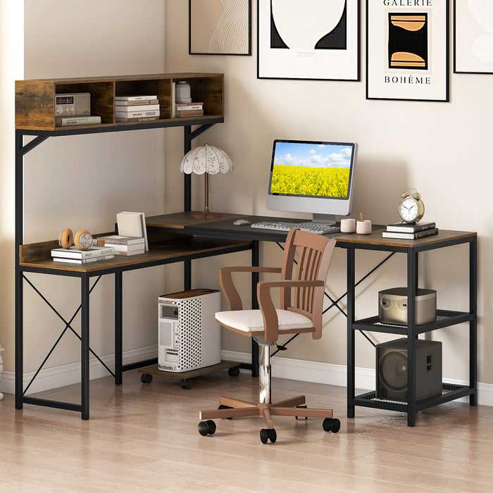 L-Shaped Computer Desk with Storage Hutch and Compartments for Home Office-