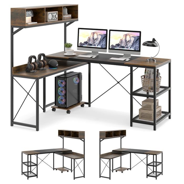 L-Shaped Computer Desk with Storage Hutch and Compartments for Home Office-