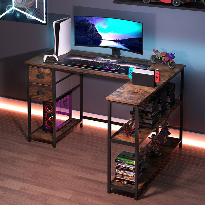 L Shaped Desk with Charging Station and 2 Fabric Drawers for Small Space-