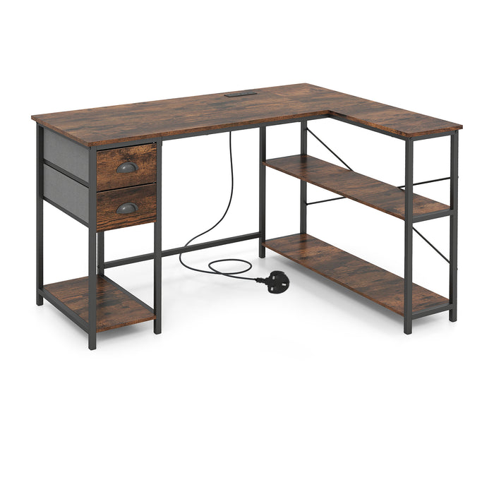 L Shaped Desk with Charging Station and 2 Fabric Drawers for Small Space-