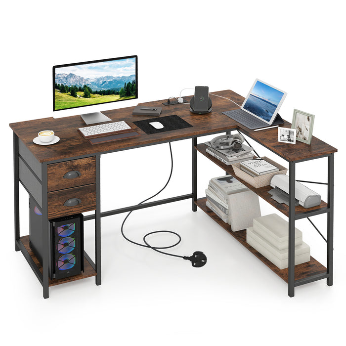 L Shaped Desk with Charging Station and 2 Fabric Drawers for Small Space-