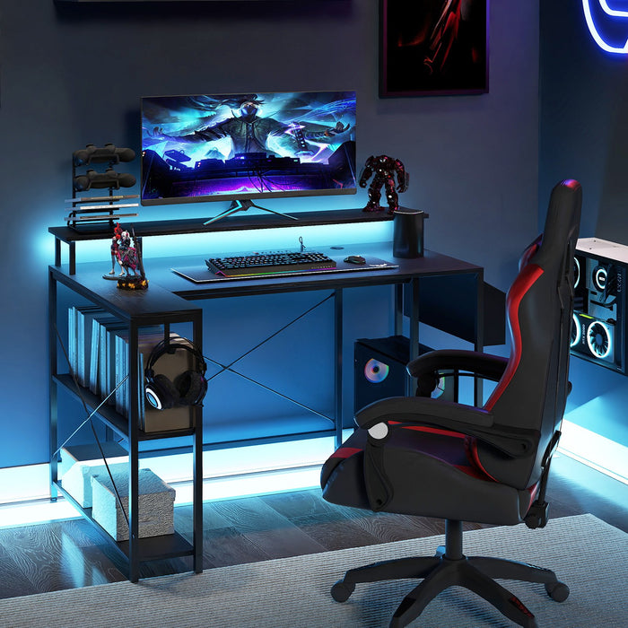 L-Shaped Gaming Desk 120 cm Computer Desk with LED Lights and Power Outlets-Rustic Brown