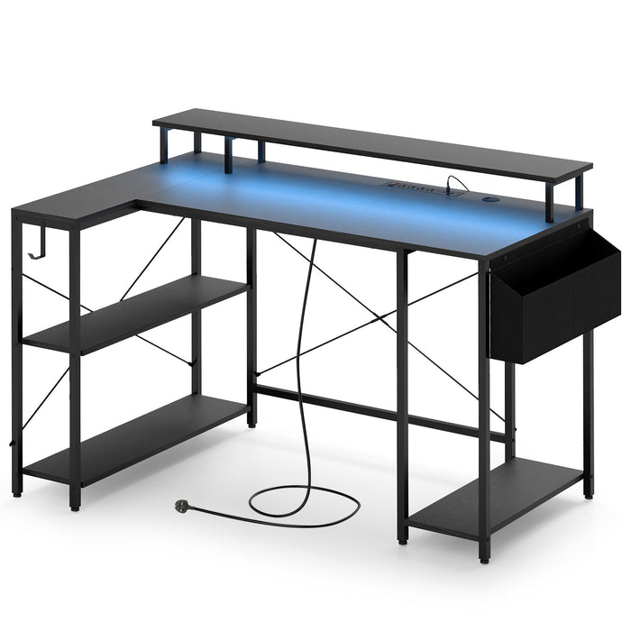 L-Shaped Gaming Desk 120 cm Computer Desk with LED Lights and Power Outlets-Rustic Brown